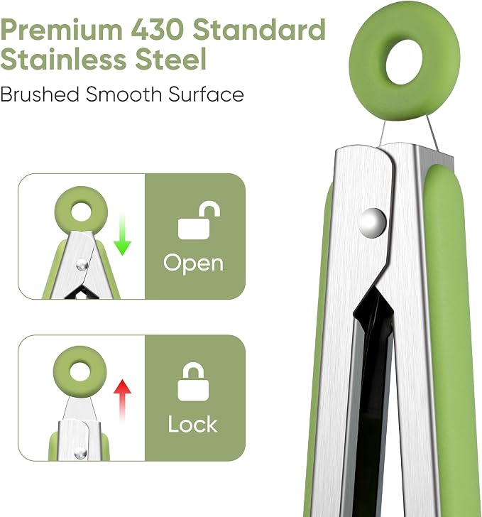 12 Inch Cooking Tongs, 2-in-1 Design with 0.5oz Measure Spoon, Stainless Steel Kitchen Tongs with Silicone Tips, Non-Stick Food Tongs for Cooking, Grilling, BBQ, Salad, Buffet, Serving (12", Green)