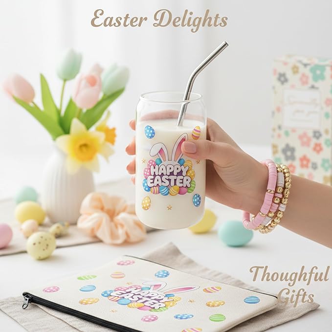 Easter Gifts for Teens Basket Stuffers Bunny Drinking Glasses Cup Coffee Mug with Lid & Straw Spring Easter Gifts for Women