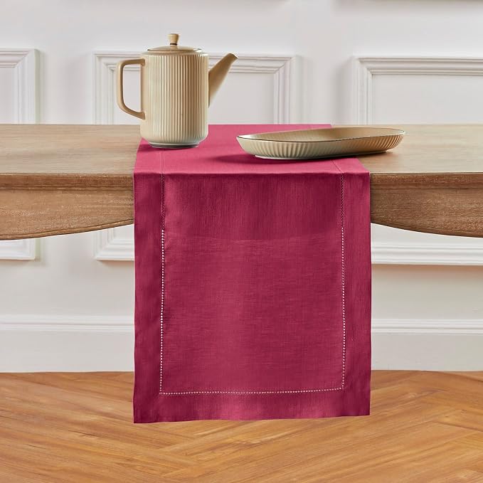 Solino Home Linen Beet Table Runner 132 Inches Long - 100% Pure Linen Extra Long Table Runner 14 x 132 Inch - Classic Hemstitch