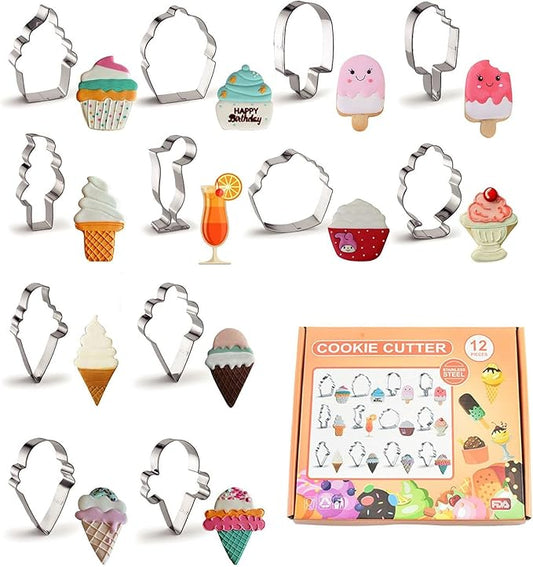 12 Pcs Ice Cream Cookie Cutters, Stainless Steel Cookie Cutters for Making Ice Cream Cone, Popsicle, Soft Serve Ice Cream, Sundae (Ice Cream)