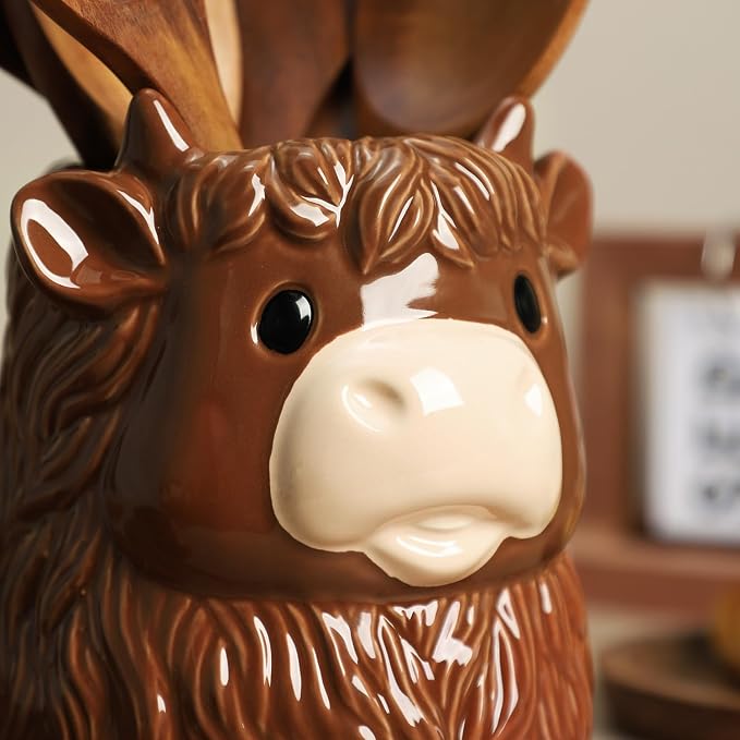 Ceramic Highland Cattle Kitchen Utensil Holder, Large Cooking Utensil Crocks for Countertop, Utensil Organizer
