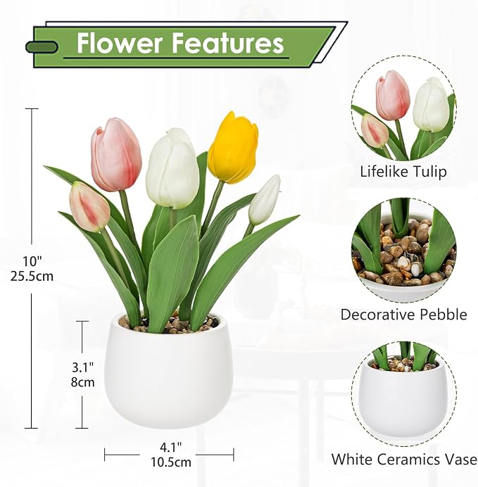Hollyone Tulips Artificial Flowers in Vase Fake Tulips Silk Flowers Arrangements Faux Tulip Bulbs with Ceramic Pot Tulip Potted Plants Floral Bouquet for Home Decor Table Centerpiece Decorations