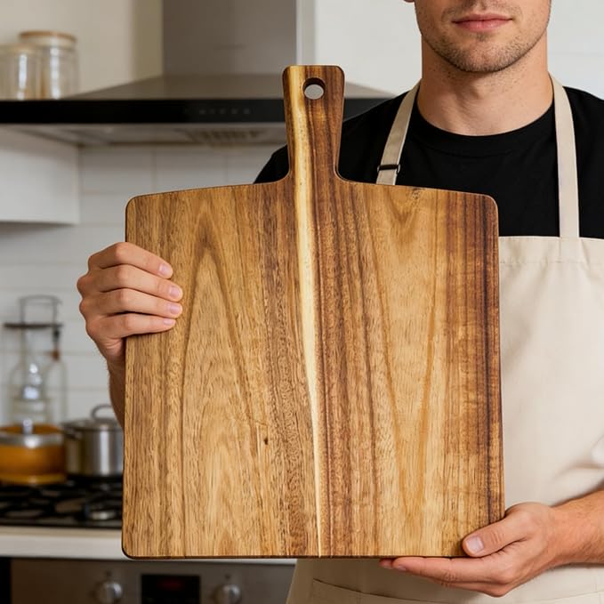 Large Acacia Wood Cutting Board with Handle 17''X13'', Charcuterie Board, Serving Board, Chopping Board for Meat, Cheese, Bread, Vegetables & Fruits (Square)