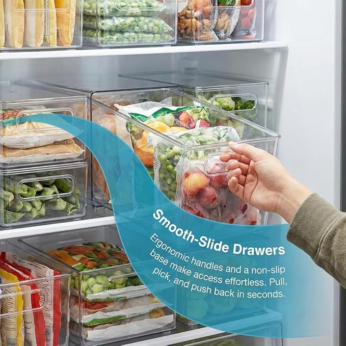 4 Pack Crystal Clear Freezer Storage Bins - Clear Plastic Storage Bins for Refrigerator & Pantry, Stackable Kitchen Cabinet Organizer with Handles for Frozen Food, Meat, Veggies (4*MixB)