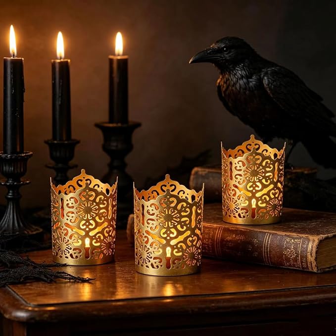 Hosley Set of 3 Gold Diamond Cut Candle Holders 4 Inches High Elevate Your Space with Elegant Metal Candle Holders in a Value Pack