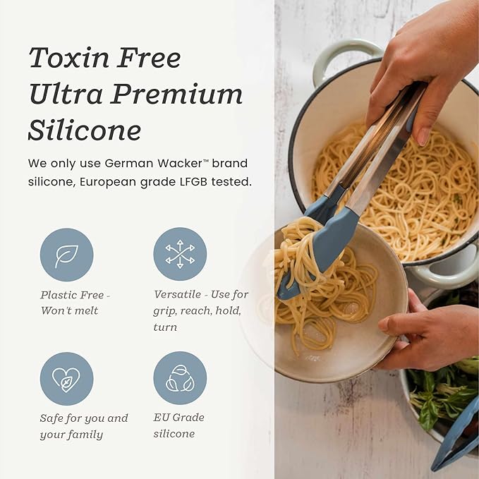Starpack Get a Grip Silicone Kitchen Tongs (12 Inch) - LFGB Non Toxic, 600°F Heat Resistant, BPA-Free - Heavy-Duty Stainless Steel, Locking - Dishwasher Safe for Nonstick Cookware Light Blue
