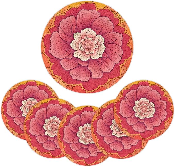Round Placemats Set of 4, Pink Orange Flowers Woven Placemats Mats Non-Slip Heat Resistant Washable Table Mats Round Braided Place for Farmhouse Kitchen Dining Party Decor 15in