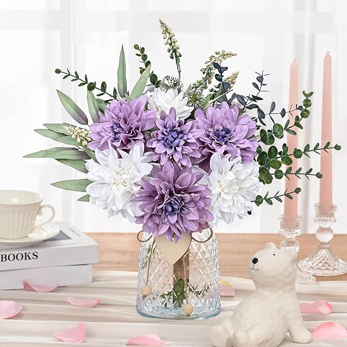 MARTINE MALL Fake Flowers in Vase, Faux Flowers in Vase, Dahlia Artificial Flowers in Vase Centerpiece Table Decorations Artificial Flower Arrangement for Home Dining Room Office Farmhouse