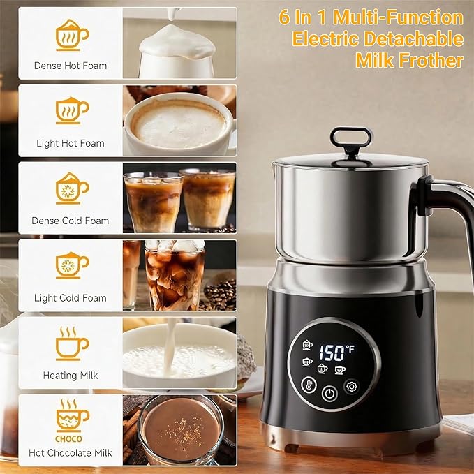 Milk Frother,Variable Temp and Froth Thickness,27oz/800ml Milk Steamer and Frother for cappuccino or Latte,Dishwasher Safe,6-in-1 Frother Machine,Fast Heating,Low Noise