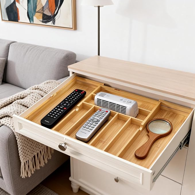 Bamboo Expandable Silverware Drawer Organizer, Adjustable Utensil Tray Cutlery Holder for Kitchen Drawer, Flatware Storage Organizer for Spoons, Forks and Knives, Natural (7 Slot,)