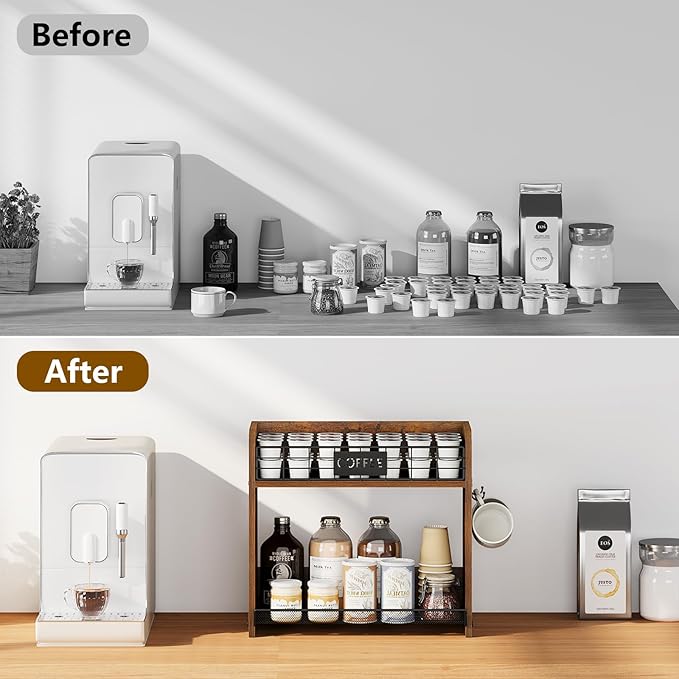 YINMIT K Cup Pod Holder, K Cup Organizer with 2 Mug Hooks, 2 Tier Keurig Coffee Pod Holder, Wood Coffee Bar Station Organizer for Countertop, Home, Office, Kitchen, Retro