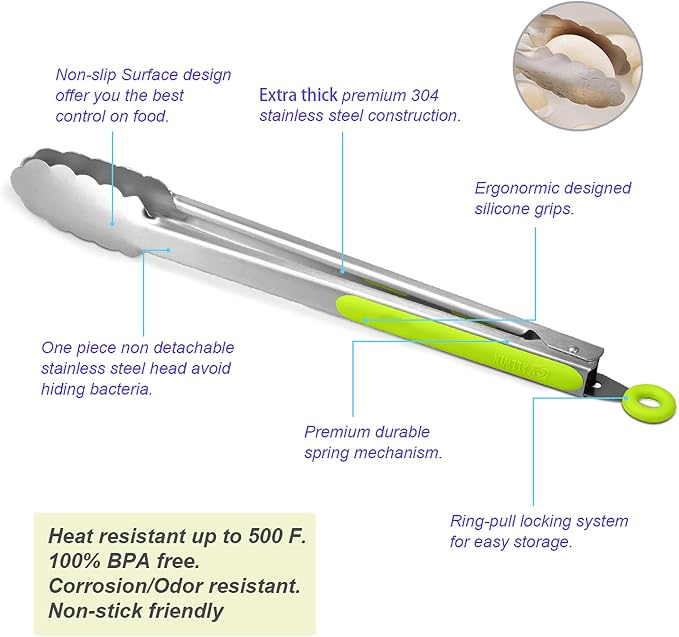 304 Stainless Steel Kitchen Cooking Tongs, 12" and 14" Set of 2 Sturdy Grilling Barbeque Brushed Locking Food Tongs with Ergonomic Grip, Green