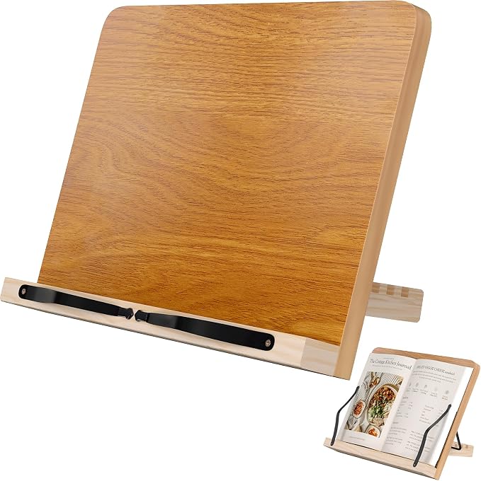 Book Stand,8 Adjustable Height Holder Tray with Elastic Page Paper Clips for Textbook/Cookbook/Music Scores/Tablet,Lightweight Reading Hands Free Desktop Document Book Mount,Bamboo Reading Holder
