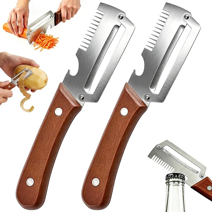 Multifunctional Vegetable Peeler for Kitchen, 3-in-1 Stainless Steel Potato Carrot Peeler with Bottle Opener, Zero Snag Wooden Peeler for Fruits & Veggies (2 PCS)