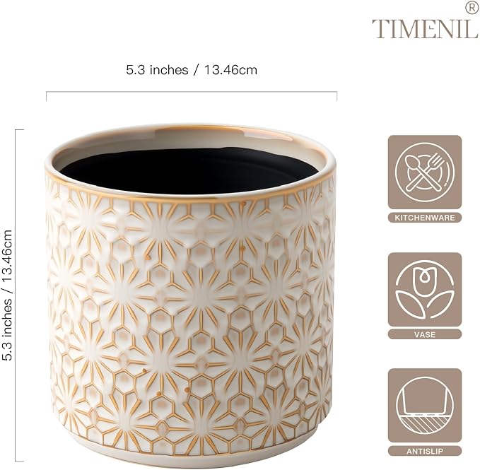 Ceramic Utensil Holder for Kitchen Counter,5.3" Farmhouse Kitchen Utensils Holder for Countertop， Handcrafted Cooking Utensil Holder with Elegant Design for Utensil Storage, Flower Vase
