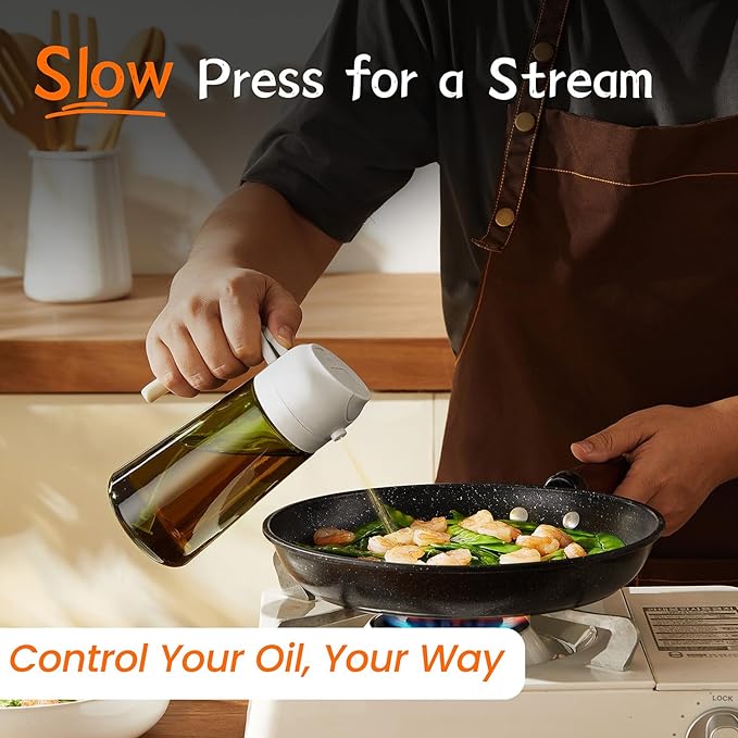 TrendPlain - Original 16oz/470ml Olive Oil Dispenser Bottle for Kitchen Gadgets and Air Fryer Accessories - Olive Oil Sprayer for Cooking w/Stickers - White
