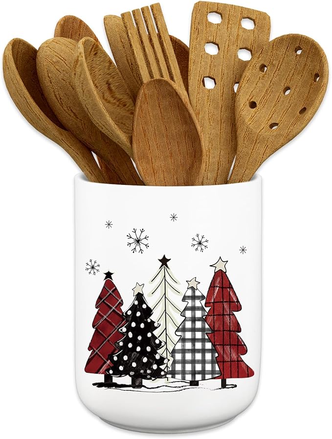 JarThenaAMCS Christmas Ceramic Utensil Holder Red Black White Plaid Xmas Tree Utensil Crock for Winter Home Kitchen Countertop Storage Organizer Container