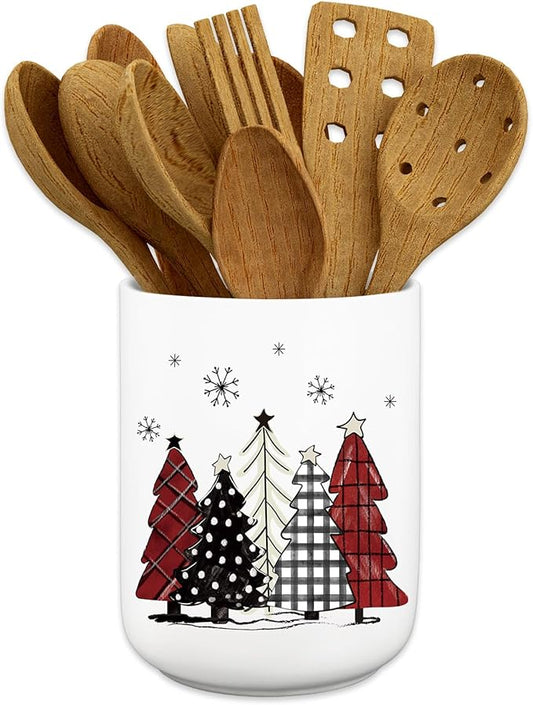 JarThenaAMCS Christmas Ceramic Utensil Holder Red Black White Plaid Xmas Tree Utensil Crock for Winter Home Kitchen Countertop Storage Organizer Container
