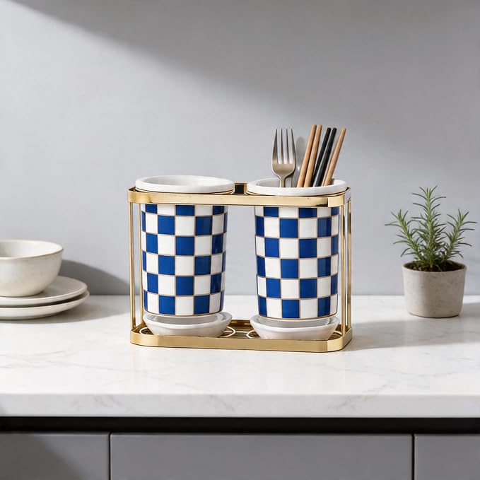 Multi-functional Ceramic Checkered Utensil Crocks,Kitchen Utensil Storage, Bathroom Checkered Bathroom Toothbrush Holder, Flatware Organizer & Home Accessory
