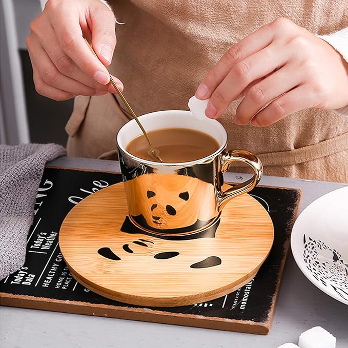 ABHOME Large Mirror Cup and Saucer Set 8.5 oz Panda Gift Ceramic Animal Espresso Cups with Saucers and Spoon 8 Ounce, Tea Coffee Cup with Spoon and Wood Saucer, Set of 2, Golden