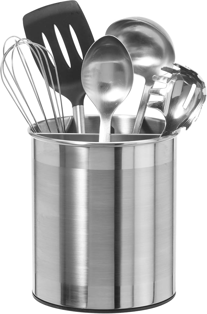 Oggi Jumbo Stainless Steel Rotating Utensil Holder with Removable Divider - Stylish kitchen cooking utensil organizer. Height 7.5".