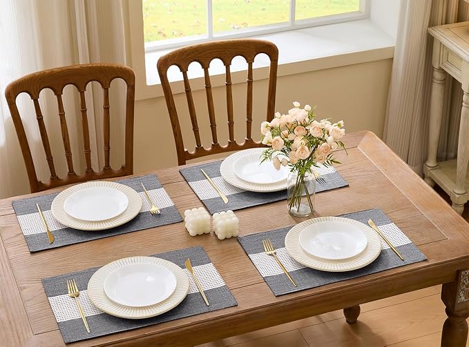 Wracra Linen Placemats Set of 4, Black Macrame Place Mats for Kitchen Table | Stripe Placemats 12 x 18 Inch; Heat Resistant Table Mats; Premium Cotton Linen Woven Fabric; Delicate Splicing Designs