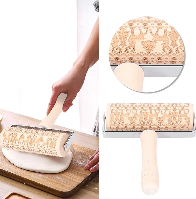 Embossed Wooden Rolling Pin, Engraved Embossing Rolling Pin with Christmas Pattern for Baking Embossed Cookies,Cute Kitchen Tool for Kids and Adults (1#) embossing