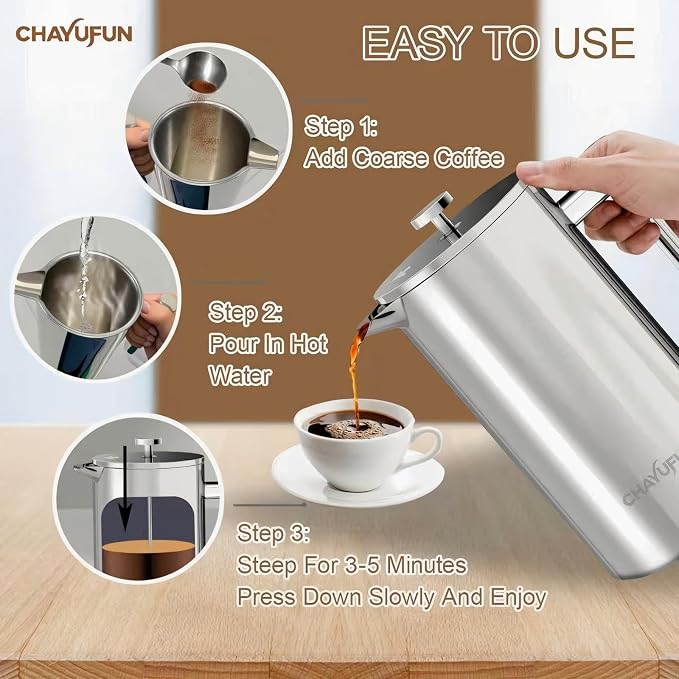 Stainless Steel French Press Coffee Maker, 34oz/1L, 5 Pack Filter | 304 Rust-Proof Metal Press, Thermal Insulated, Heat-Resistant Ergonomic Handle, BPA Free, Dishwasher Safe