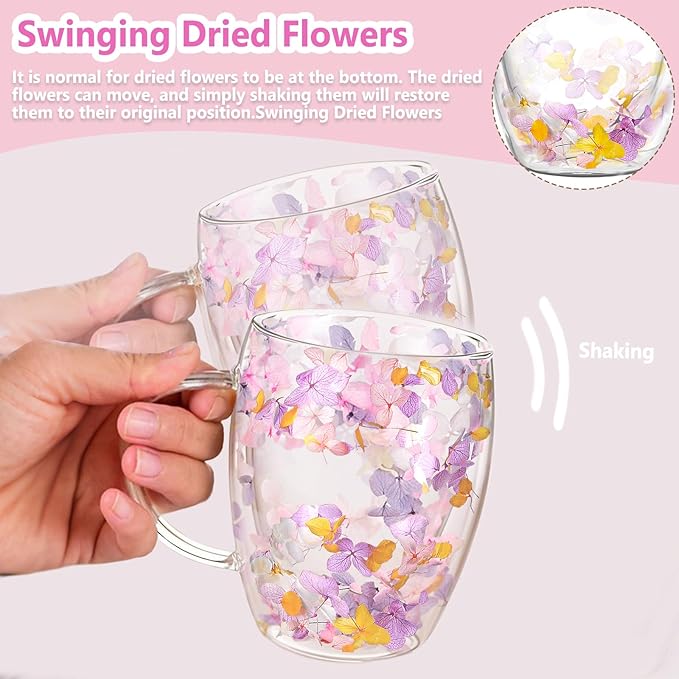 Double Wall Glass Coffee Mugs, Aesthetic Dried Flowers Cups with Handles,Espresso Cups for Cappuccino Coffee Tea Milk,Insulated Heat Resistant Glass Mug Christmas Birthday Gifts for Women