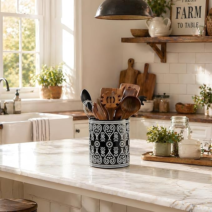 Black Heavy Ceramic Utensil Holder, 7" Extra Large Kitchen Utensil Holder for Countertop, Cooking Ceramic Crock for Farmhouse Kitchen Decor