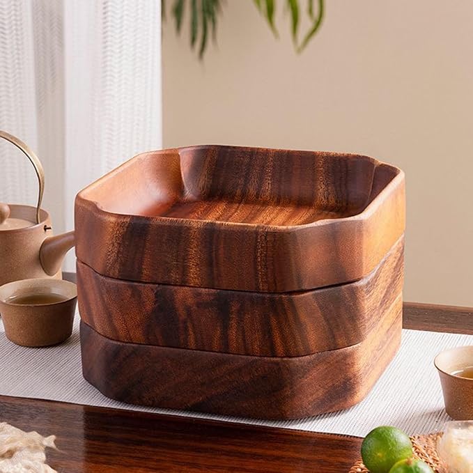 Acacia Wood Serving Tray, 7.8" Square Wooden Bowls for Snacks, Nuts, Fruits & Candy, Decorative Small Wood Catchall Tray for Keys, Jewelry, Entryway Vanity Countertop Organizer