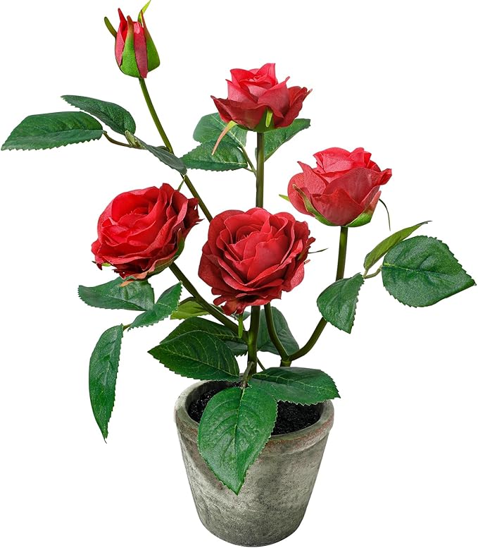 Rose in Pot Decor Potted Artificial Flowers Mini Plants Faux Flowers Indoor Small Decor Fake Roses for Home, Bathroom, Kitchen, Offices, Wedding Party Centerpieces (Rose Red)
