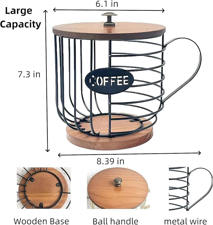 Coffee Pod Baskets, Coffee Pod Holder, Coffee Pod Organizer, Large Capacity Black Wire Coffee Pod Storage with Wooden Base, Decor for Kitchen Countertop for Pods & Espresso Capsules