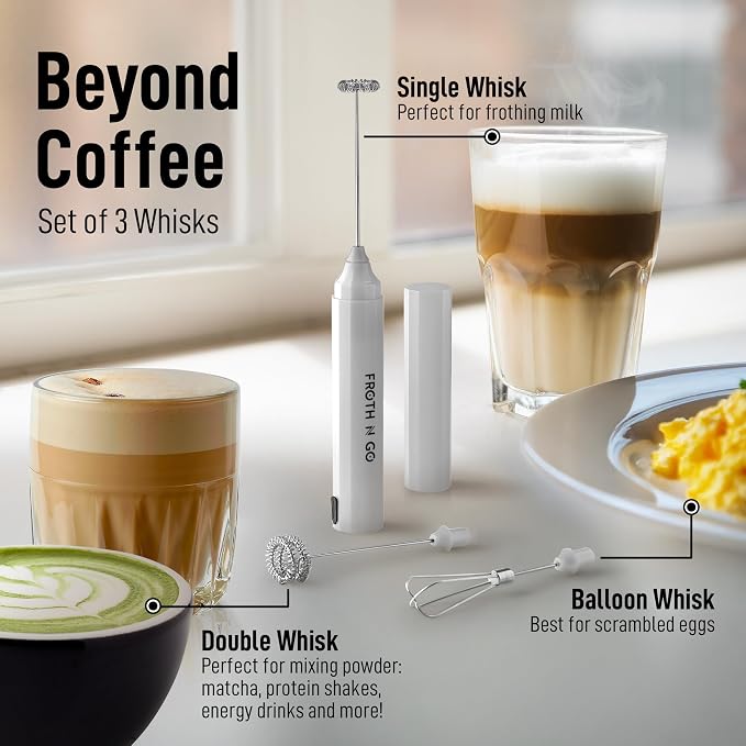 Zulay Froth N Go Milk Frother – Rechargeable 3-in-1 Handheld Frother Wand with Travel Case & USB-C Charger – Single, Double & Egg Whisk for Latte, Cappuccino, Matcha, Protein Shakes - Diamond White