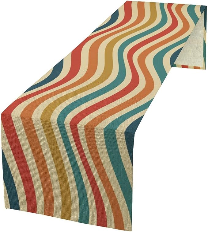 Retro Groovy Rainbow Table Runner Vintage Abstract Wavy Swirl Twisted Colorful Hippie Dinner Runner for Farmhouse Country Home Kitchen Dining Table Party Holiday Decor 13x60in