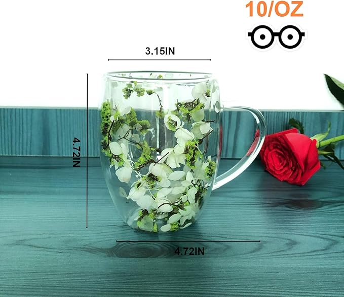 Double Walled Glass Coffee Mugs Flower Glass Coffee Mug With Handle Decorative 10 oz Clear Cappuccino Mug For Hot Cold Tea Milk Latte Wine Beverage Mother’s Day Birthday Christmas Gifts