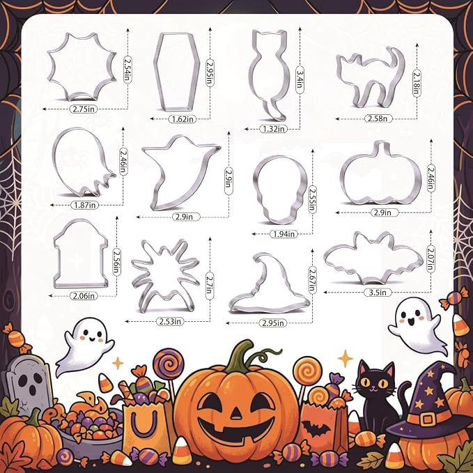 Halloween Cookie Cutters Set, HUINF 12Pcs Stainless Steel Cookie Cutters - Bat, Ghost, Pumpkin, Cat, Spider, Spider Web, Coffin, Witch's Hat, Skull, Tombstone Shapes for Halloween Baking