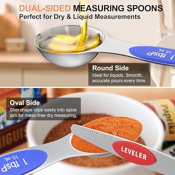 13-Piece Measuring Cups and Magnetic Spoons Set, 5 Stainless Steel Measuring Cups, 7 Double-Sided Magnetic Measuring Spoons & 1 Leveler for Cooking and Baking (5+7+1)