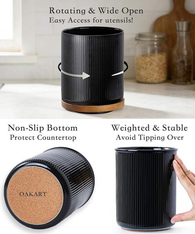 Extra Large Ceramic Utensil Crock for Kitchen Counter, 360° Rotating Utensil Holder Organizer Wide Mouth, No-Tip, Farmhouse Decor (Black)