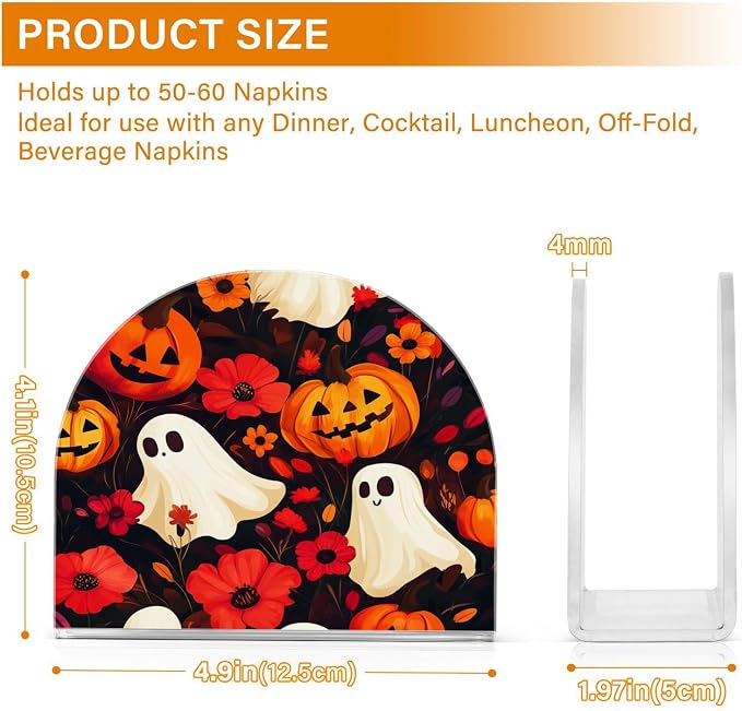 Napkin Holder Acrylic Napkin Holder for Table Kitchen Party Restaurant U Shaped Upright Napkin Dispenser Organizer Halloween Ghost Pumpkin and Poppy
