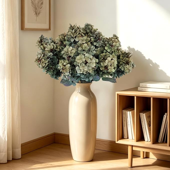 2FT Hydrangea Artificial Flowers - 10 PCS Long Stem Faux Cone Hydrangeas for Tall Vase, DIY Vintage Floral Table centerpieces for Dining Room, and Home Kitchen Decorations - Green