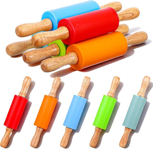 10Pcs 9 Inch Mini Rolling Pins, Non-Stick Silicone Rolling Pins with Wooden Handle, 5 Colors for Baking Cookies, Dough, Fondant & Craft Clay