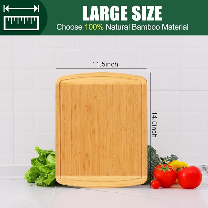 Homaxy Large Bamboo Cutting Boards for Kitchen,14.5x11.5" Wood L Cutting Board with Juice Groove, Wooden Butcher Block Chopping Board for Kitchen, Meat, Fruit & Vegetables - Pre Oiled, Two-Tone