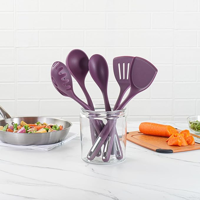 Restaurantware Silicone Utensil Set Pack of 1 Non-Slip Handle 6-Piece Kitchen Tool Set, Heat-Resistant Dishwasher-Friendly Cooking Accessories, Durable Purple Cooking Utensils