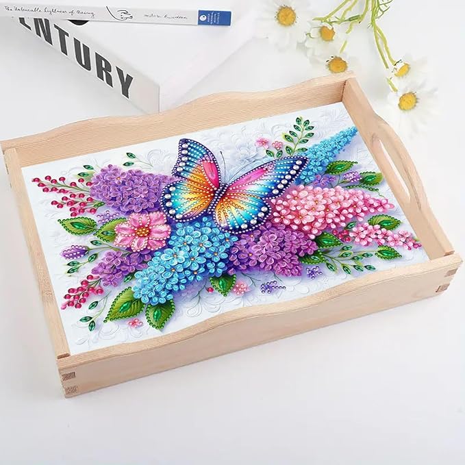 DIY Diamond Art Painting Serving Tray Creative Design Handmade Wooden Rectangular Snack Tray Dinner Plate Drill Craft for Coffee Living Room Home Organizer-Butterfly Flower