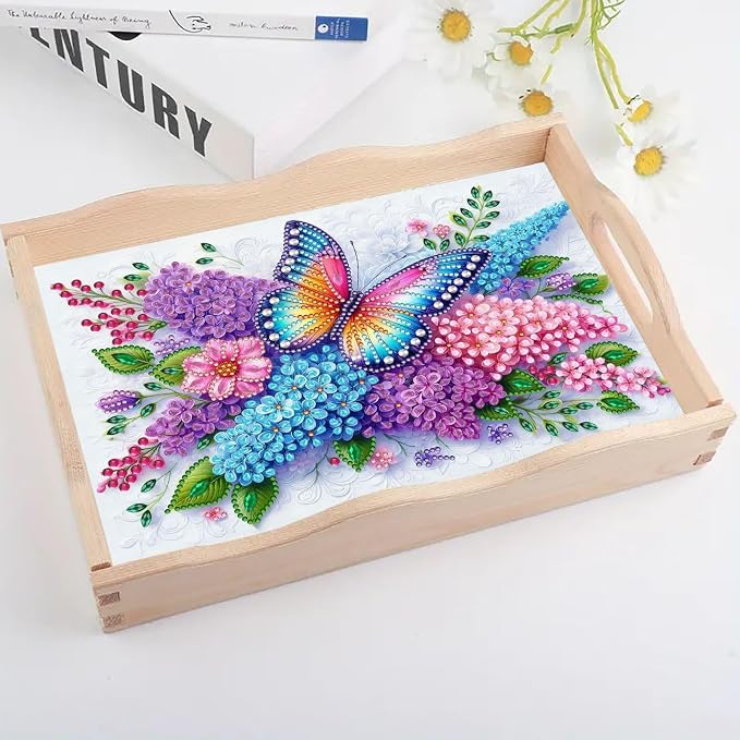 DIY Diamond Serving Tray with Handle Handmade Gem Painting Wooden Rectangular Breakfast Tray for Dinner Plate Coffee Room Living Home Organizer-Butterfly Flower