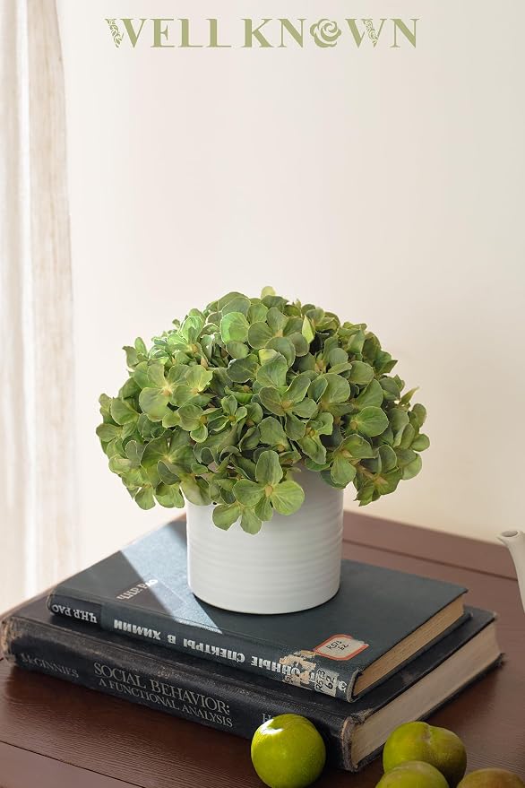 Hydrangea Fake Flowers in Vase, Artificial Flowers with Ceramic Vase Small Faux Potted Plant Arrangements for Bathroom Home Desk Kitchen Counter Vanity Shelf Coffee Table Centerpiece Decor (Green)