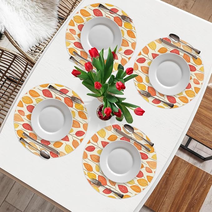 Round Placemats Set of 6, Autumn Maple Leaves Woven Placemats Mats Non-Slip Heat Resistant Washable Table Mats Round Braided Place for Farmhouse Kitchen Dining Party Decor 15in-15