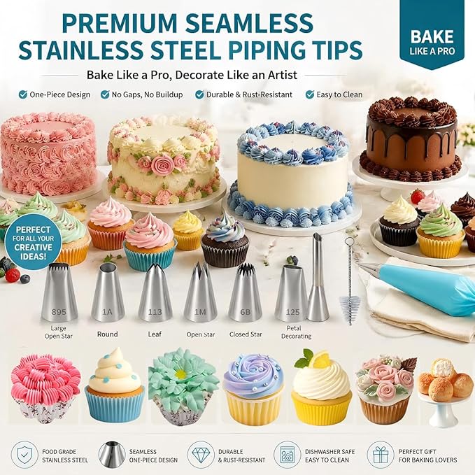 10 Pcs Reusable Silicone Piping Bags and Tips Set, Stainless Steel Icing Nozzles with Coupler & Cleaner Brush, Dishwasher Safe Cake Cupcake Cookie Decorating Kit, Home Bakers & Chefs
