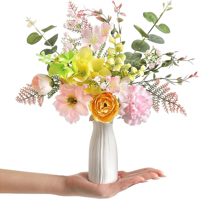 Small 11.8" Artificial Flowers in Ceramic Vase - Yellow Pink Silk Flower Centerpiece for Dining Table, Office, Wedding & Farmhouse, Home Decor Gifts